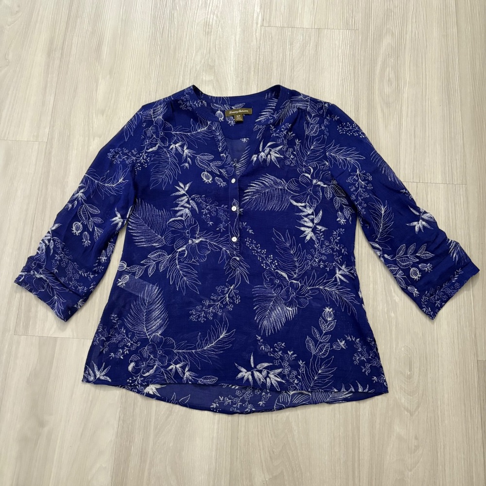 Tommy Bahama Women Tunic Top Blue White Floral Palm Print Button V-Neck Blouse S